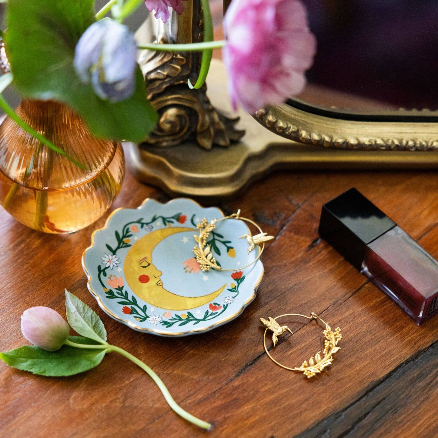 Jewelry Dish & Stud Earring Set - Flower Moon/Blue