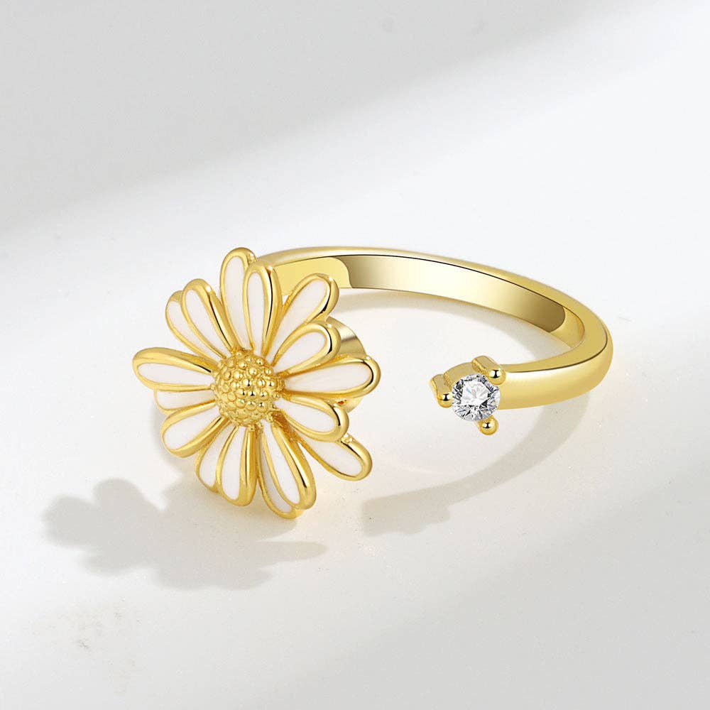 Daisy Flower Anxiety Fidget Spinner Ring in Solid Copper: Silver/Purple
