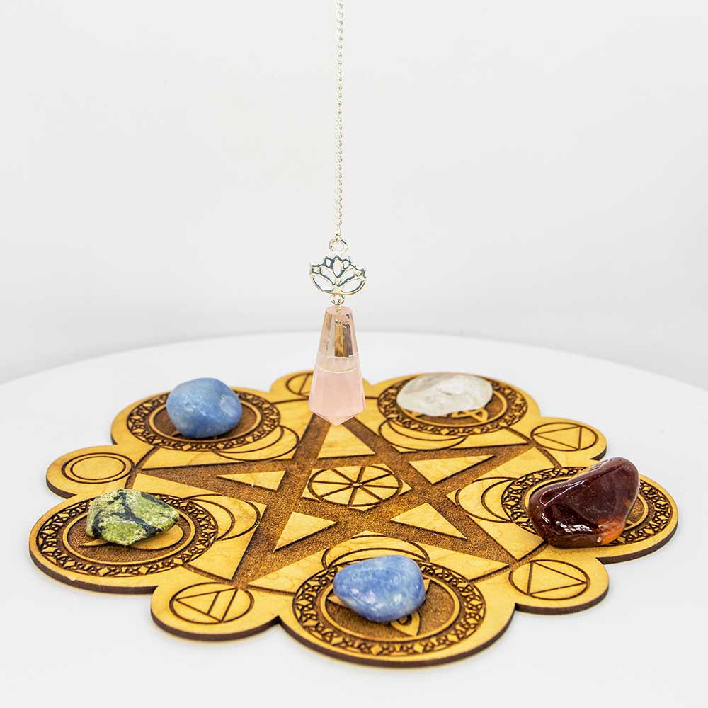 Pendulum 18 - Gemstone w/ Lotus - Clear Quartz & Rose Quartz: Clear quartz rose quartz