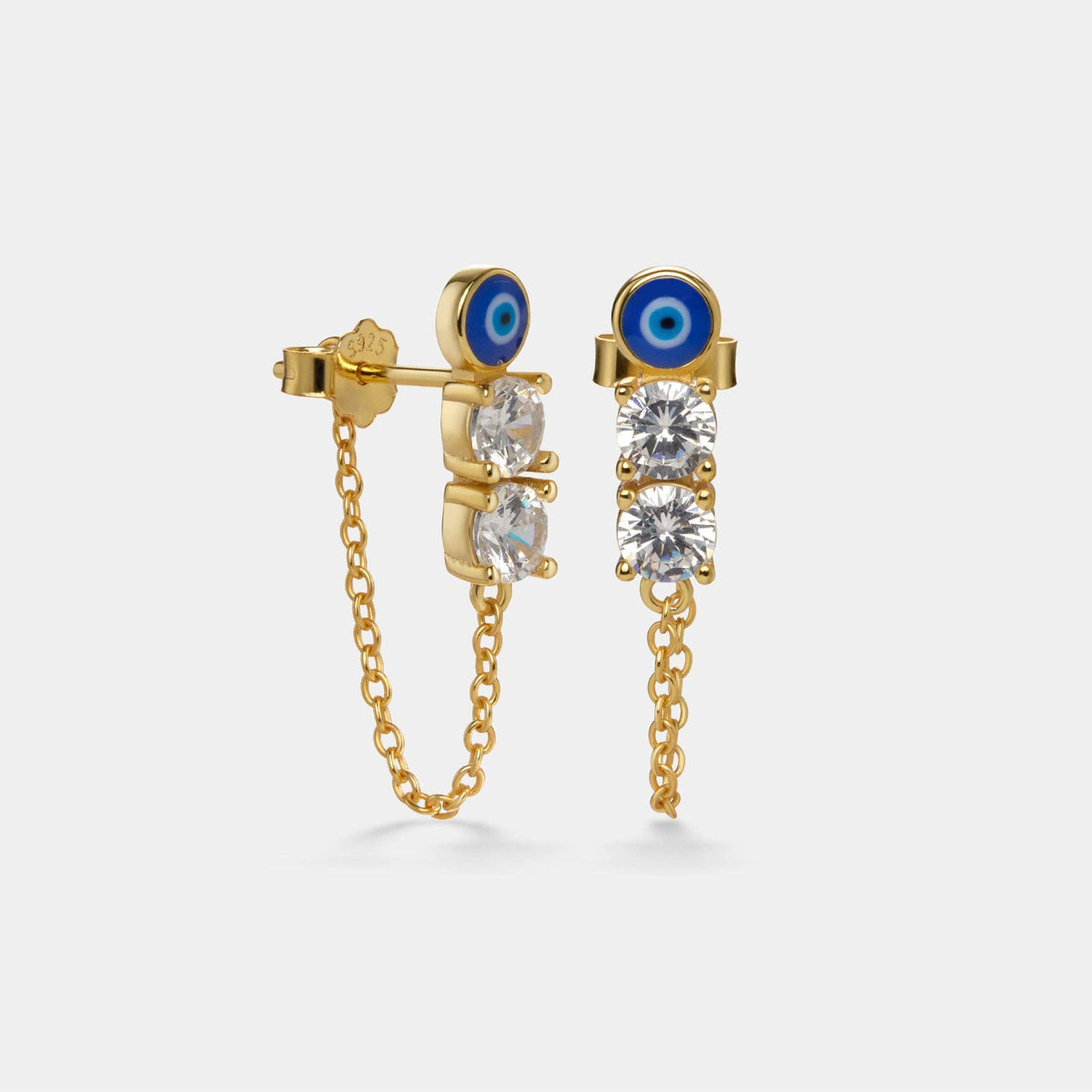 Blue Evil Eye Chain Stud Earrings in 925 Sterling Silver: Silver