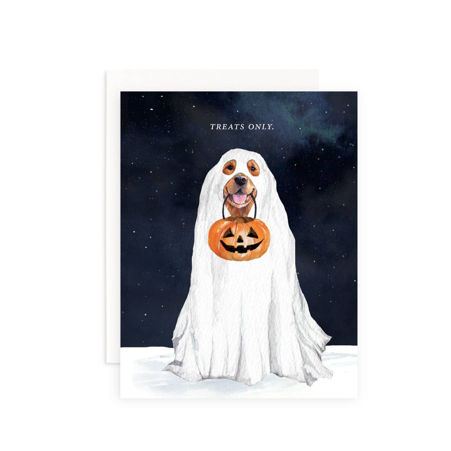 Treats Only Halloween Ghost Dog Greeting Card: Single Card