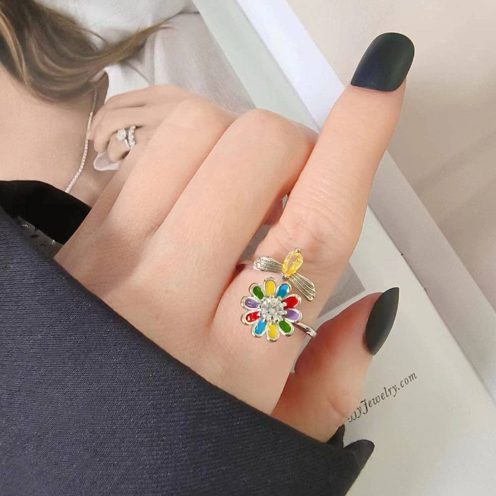 Flower Bee Anxiety Fidget Spinner Ring in Solid Copper