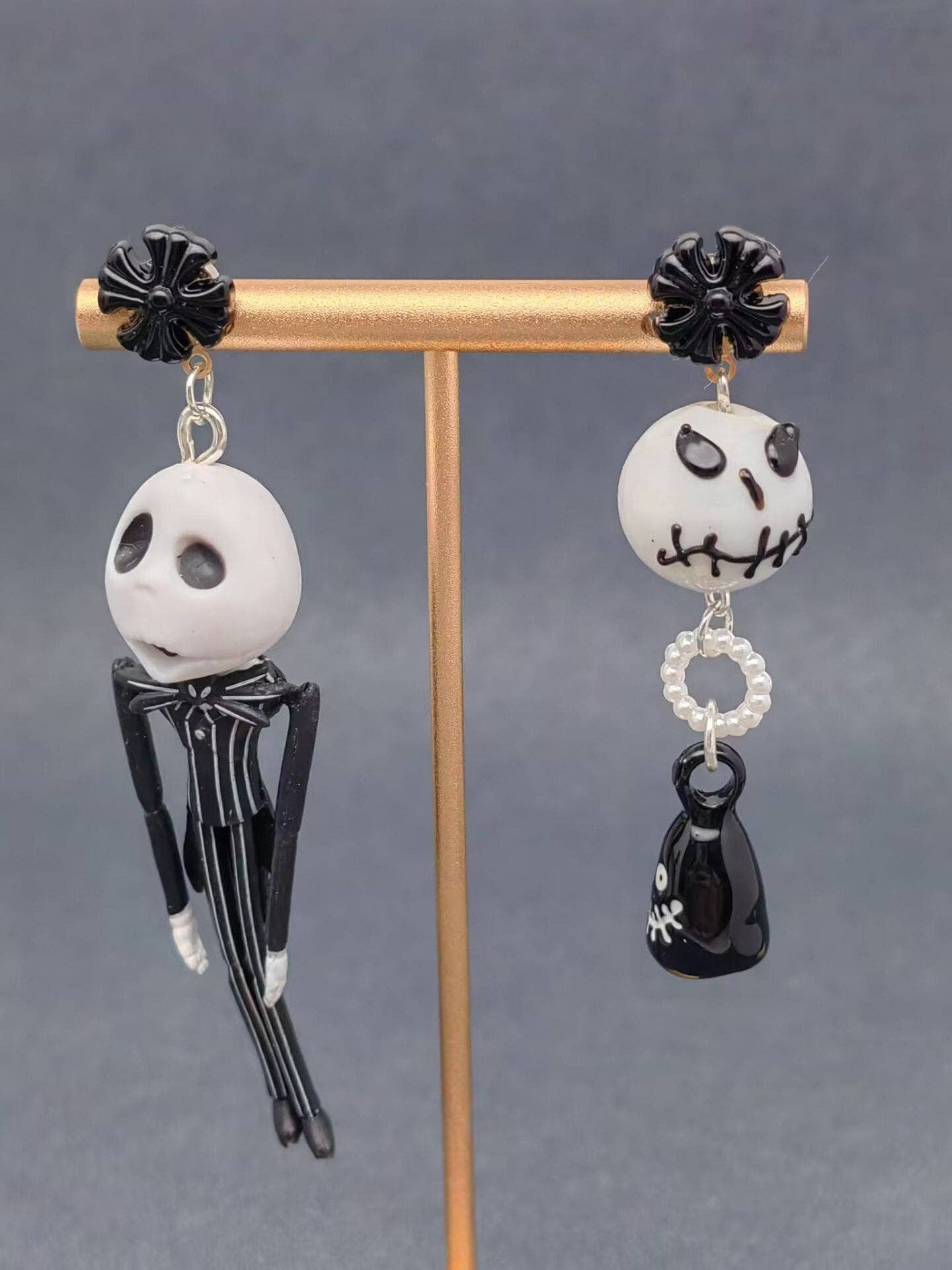 Earrings - Skeleton Jack Asymmetric Dangle Earrings - Post Style