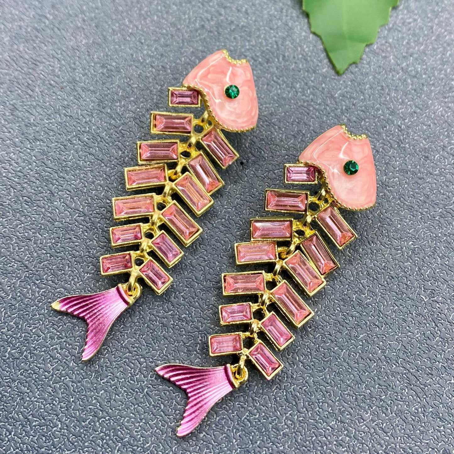 Pink Rhinestone Enamel Fishbone Post Earrings