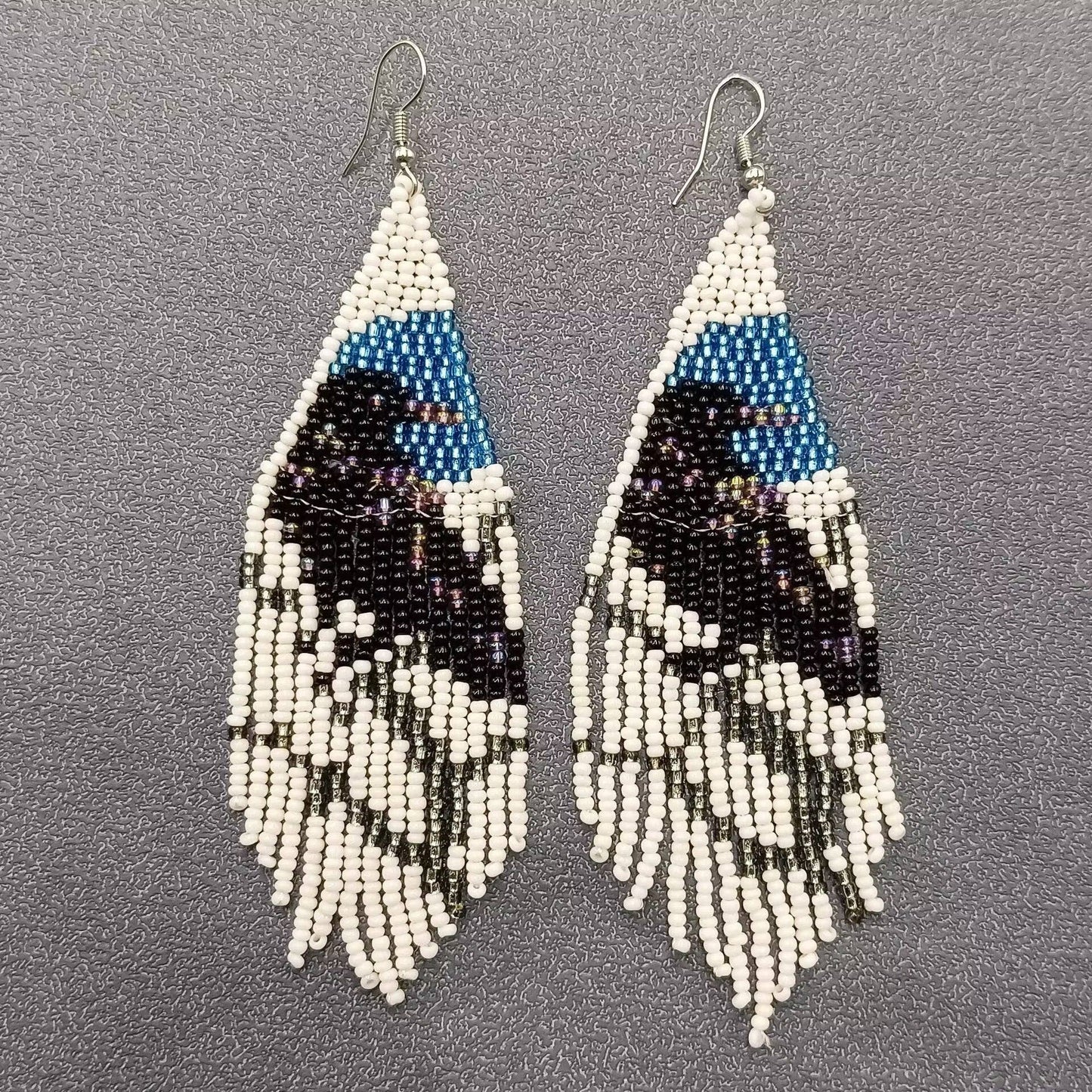Crows On Tree Branches Seed Beads Fringe Earrings - SB
