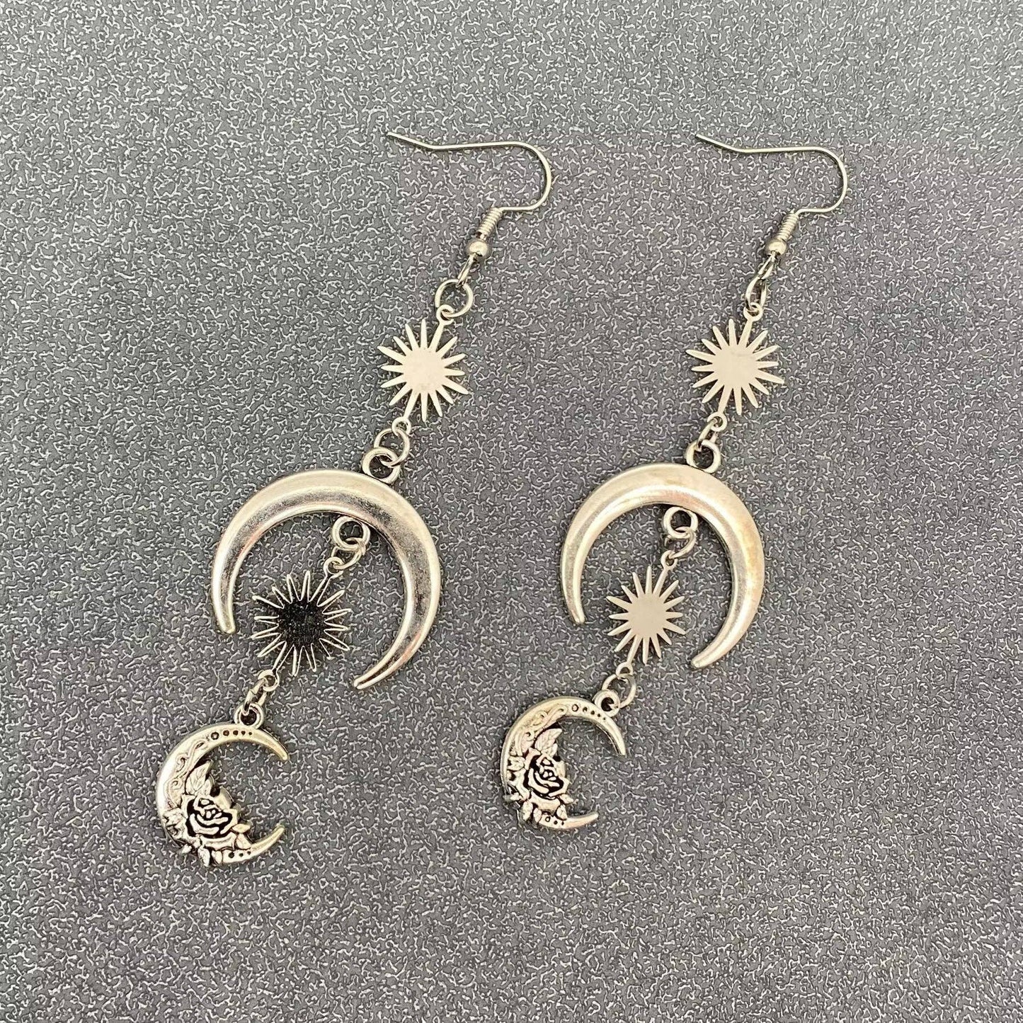 Silver Tone Star Moon Linked Dangle Earrings - MS