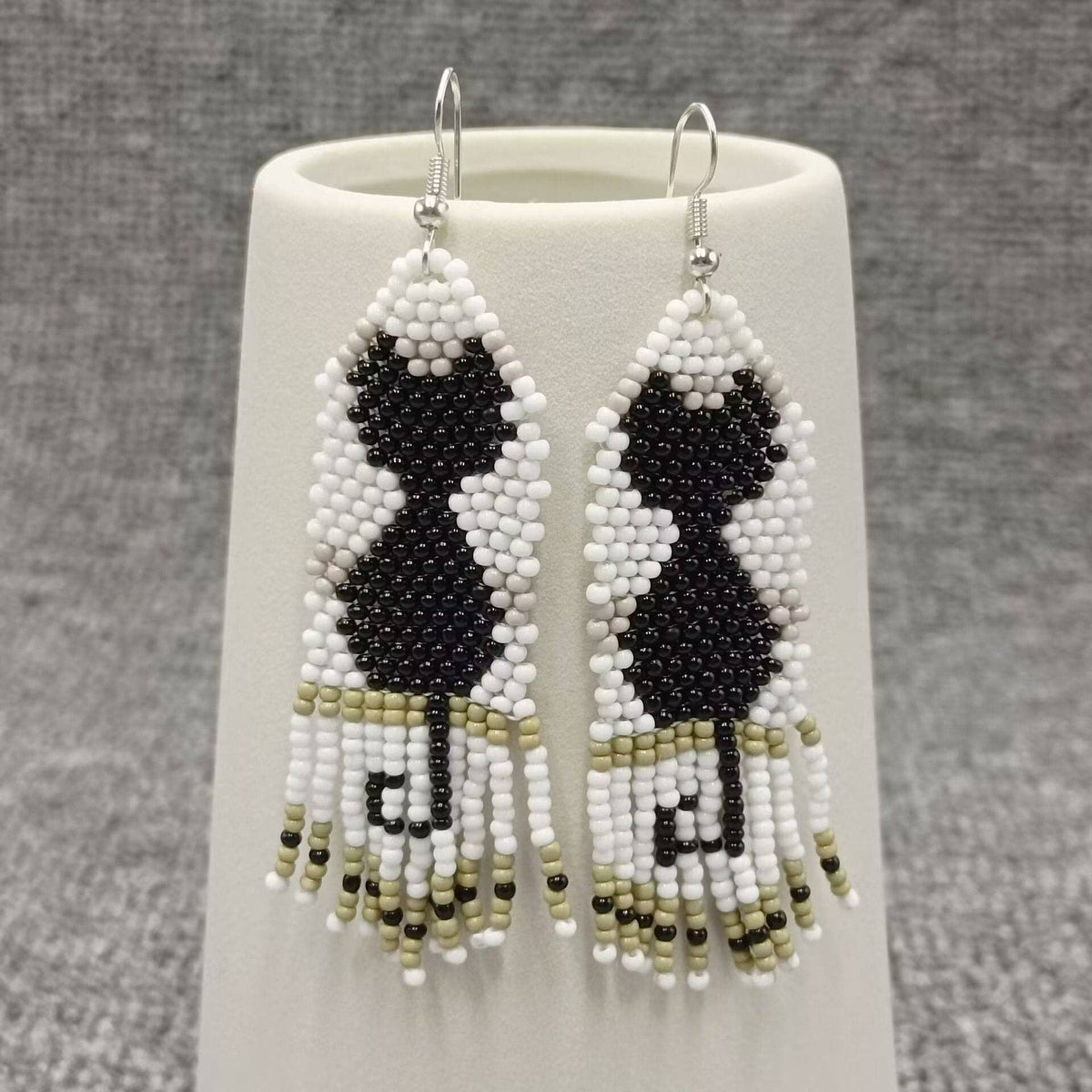 Black Cat Kitten Seed Beads Fringe Earrings - SB