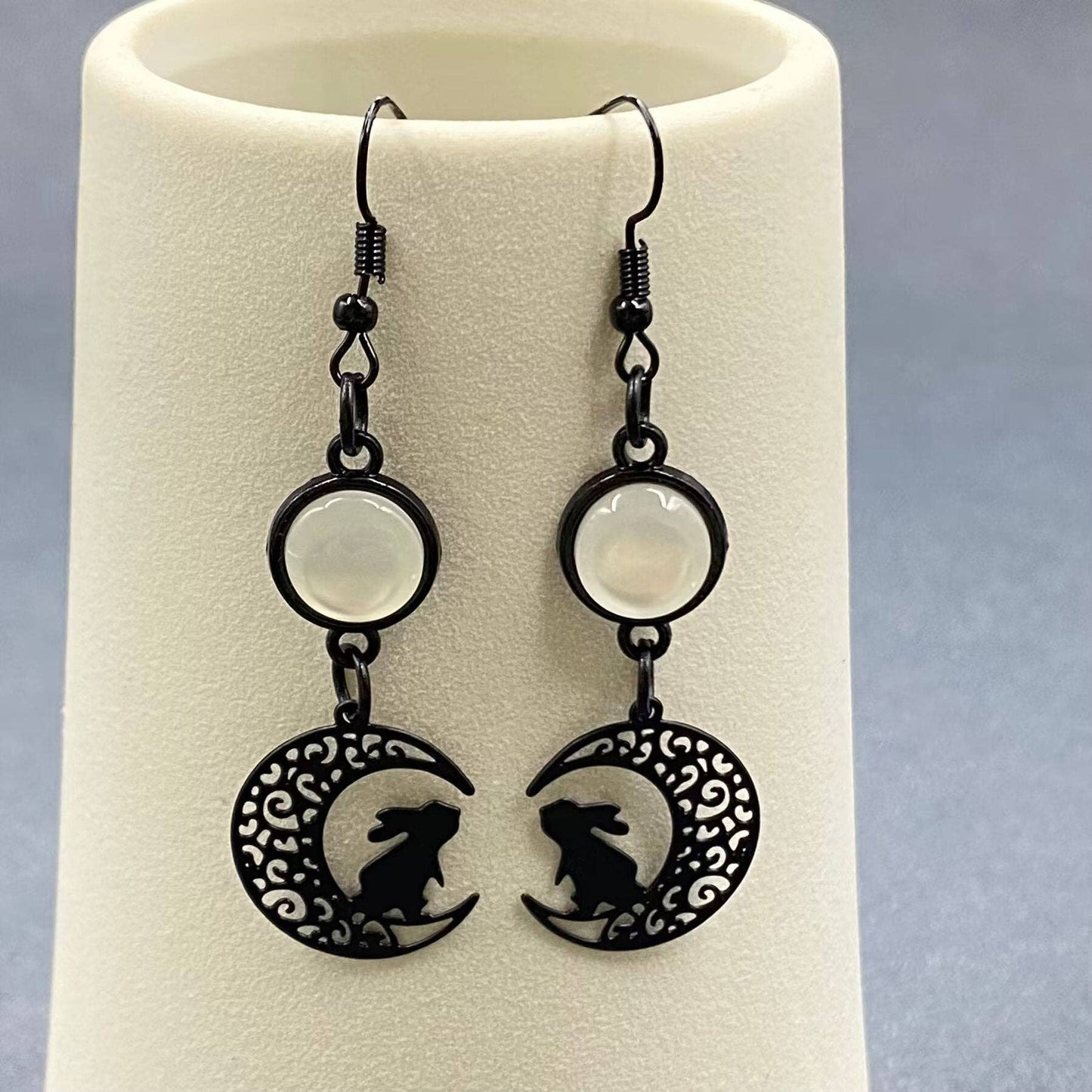 Rabbit On The Moon Black Dangle Earrings - GT/MS