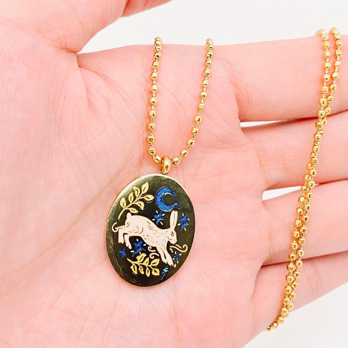 Painted Enamel Rabbit Oval 18K Gold Plated Necklace