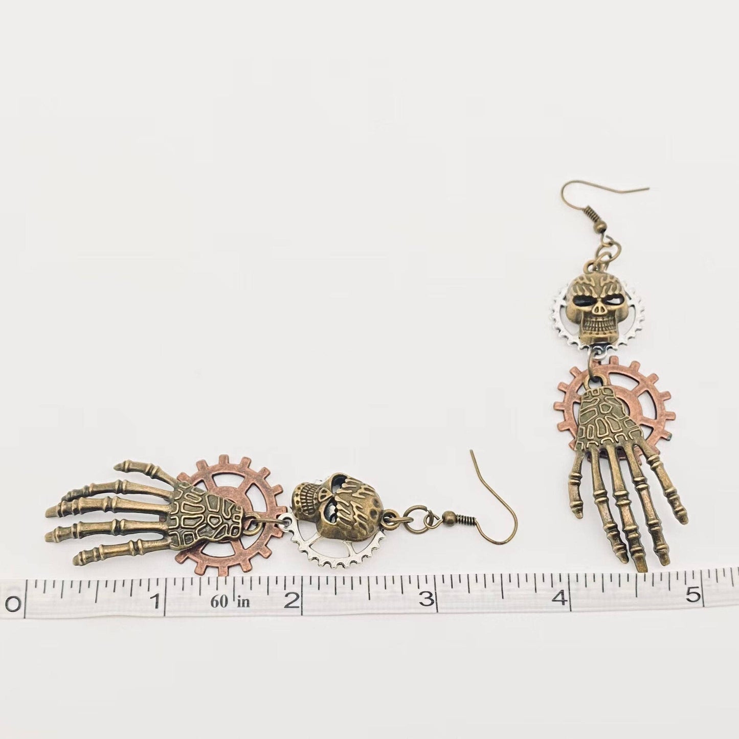 Earrings - Steampunk Style Gear Skeleton Head and Hand Charm