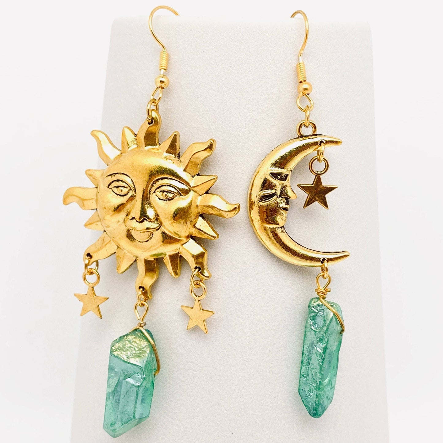 Asymmetric Sun and Moon Green Crystal Pendant Earrings - MS: Earrings