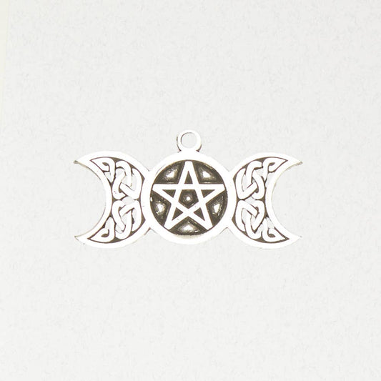 Wicca Pewter Necklace Pendant – Triple Moon Pentacle: Pewter