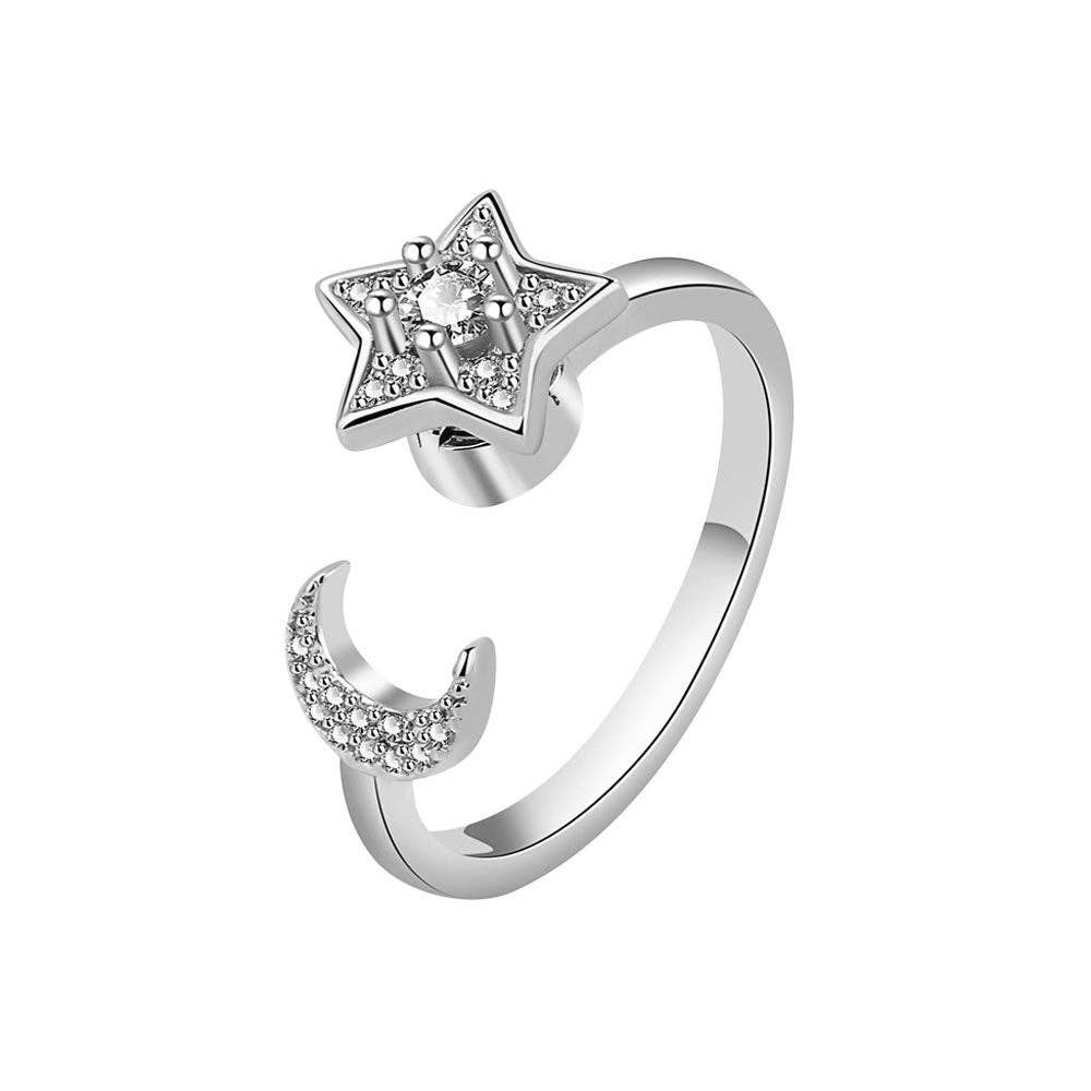 Silver Moon Star Anxiety Fidget Spinner Ring in Solid Copper
