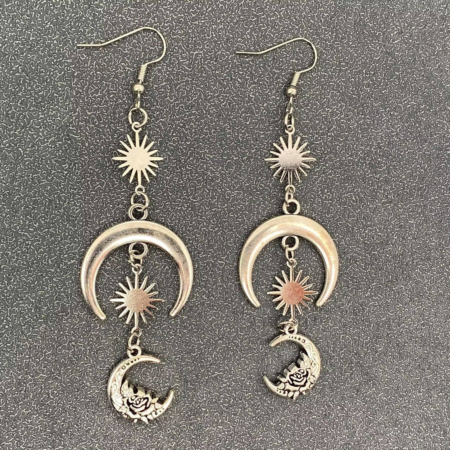 Silver Tone Star Moon Linked Dangle Earrings - MS