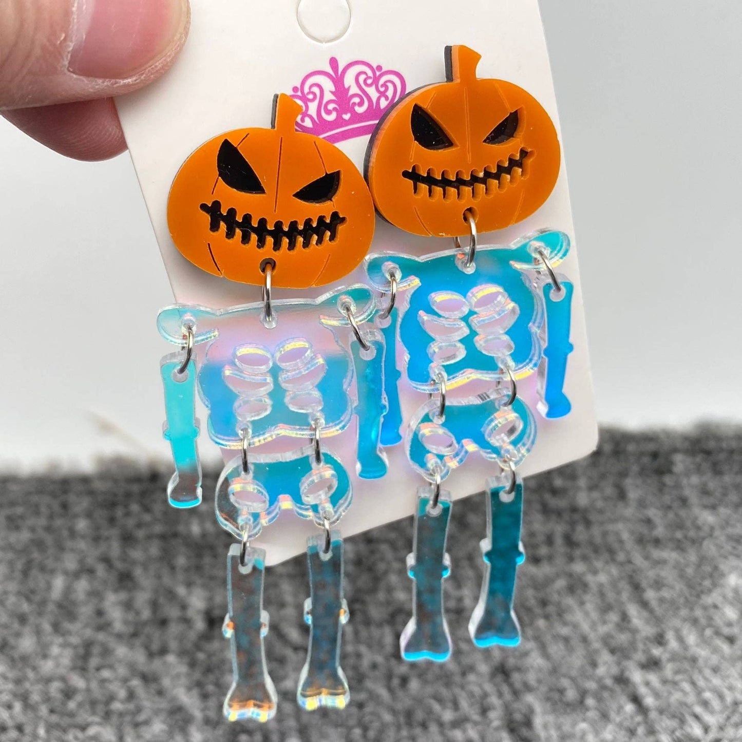 Earrings - Halloween Acrylic Skeleton Body Pumpkin Head Post