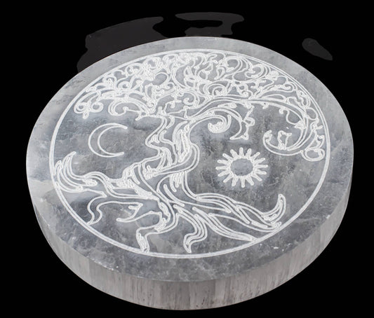 Selenite Round Tree Of Life with Sun & Moon Charging Plate : 12cm