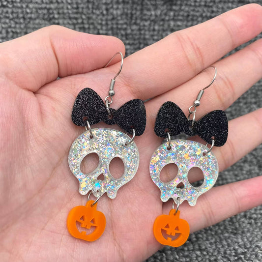 Earrings - Acrylic Pumpkin Skull Bow Linked Dangle