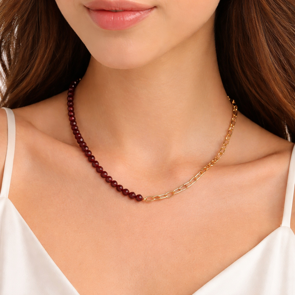 Paper Clip Garnet Necklace - 18-20" adjustable