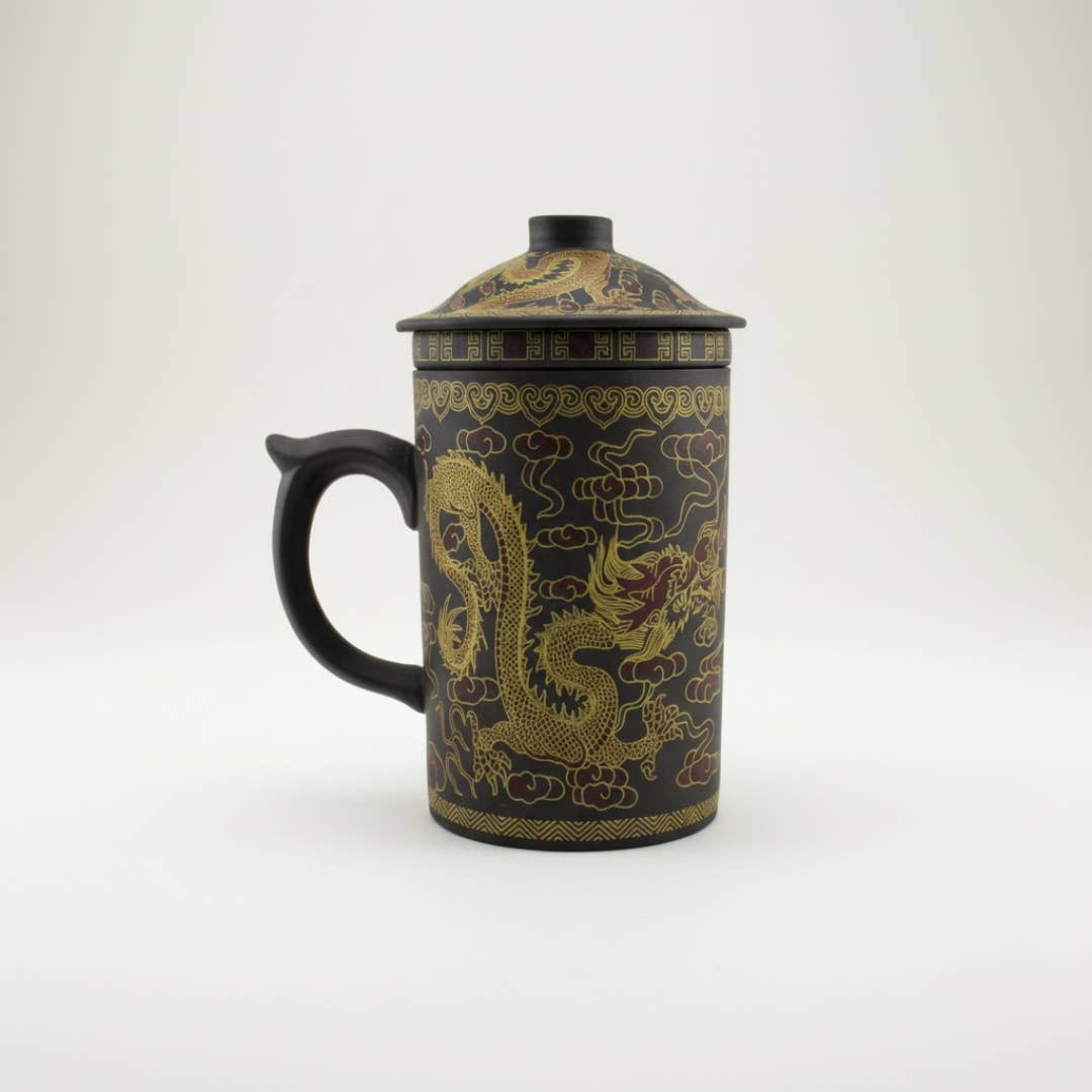 Clay Strainer Mug With Gold Dragon (Brown)