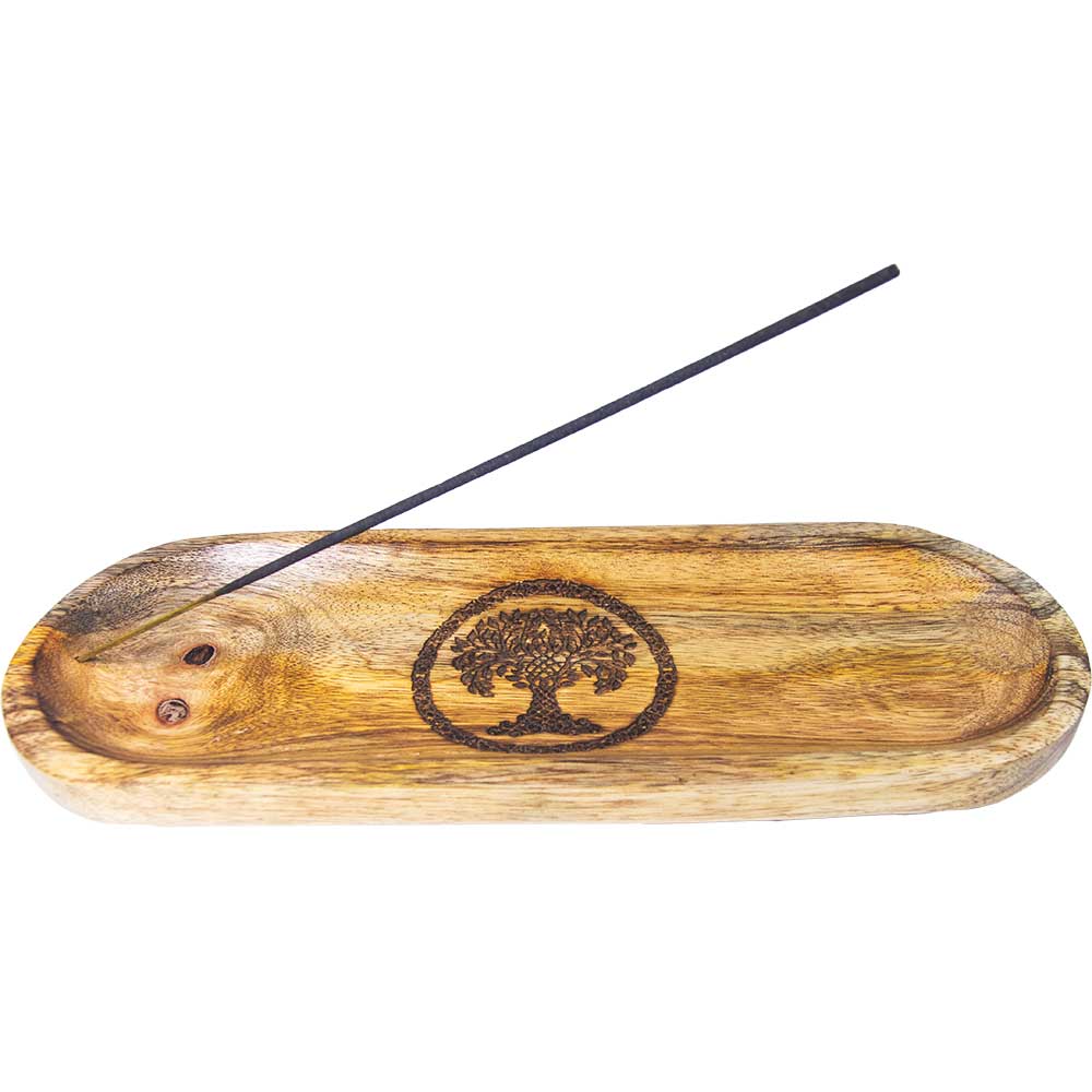 Mango Wood Oval Incense Holder Laser Engraved - Tree of Life: Beige