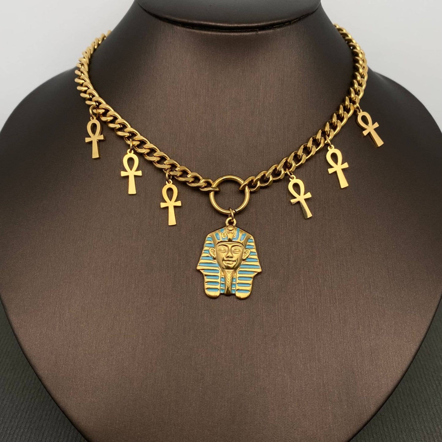 Pharaoh & Ankh Necklace - 18K Gold-Plated Stainless-Steel