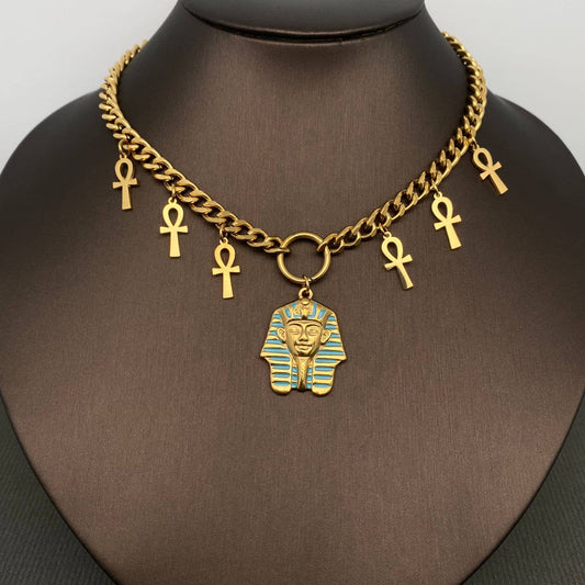 Pharaoh & Ankh Necklace - 18K Gold-Plated Stainless-Steel