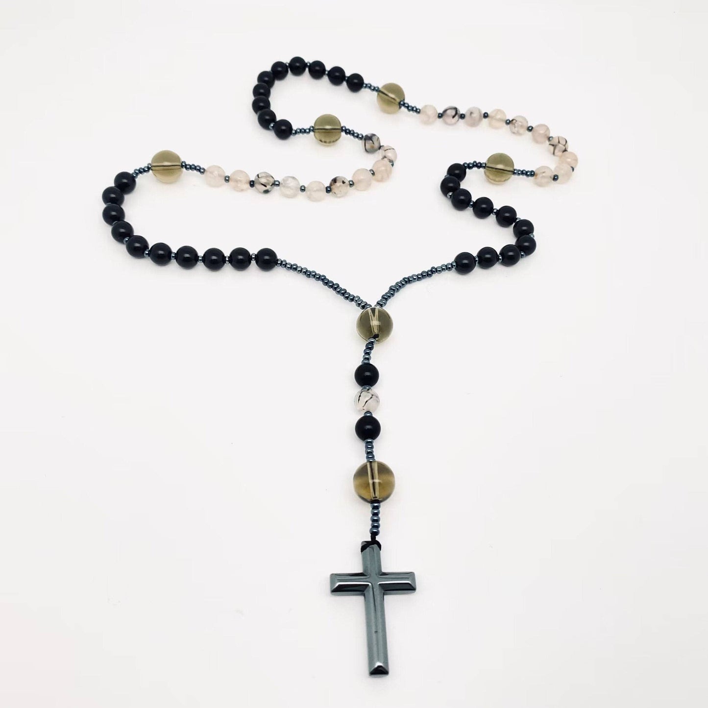Black Agate Dragon Grain Stone Beaded Cross Necklace - CS