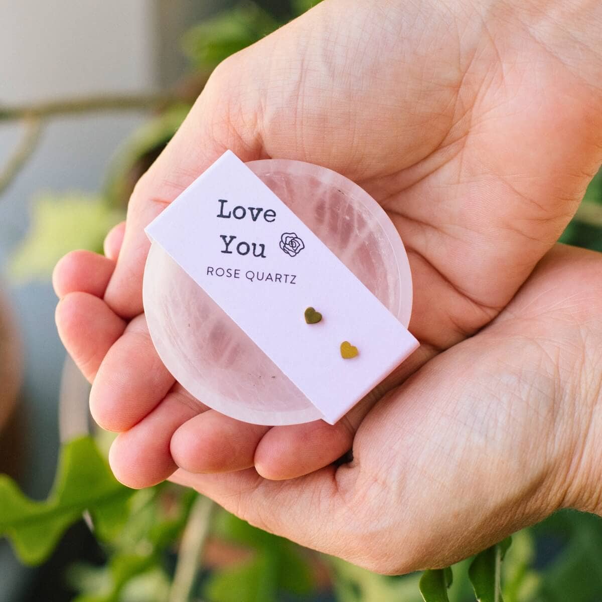 Gold Heart Stud Earrings & Rose Quartz Bowl Gift Set