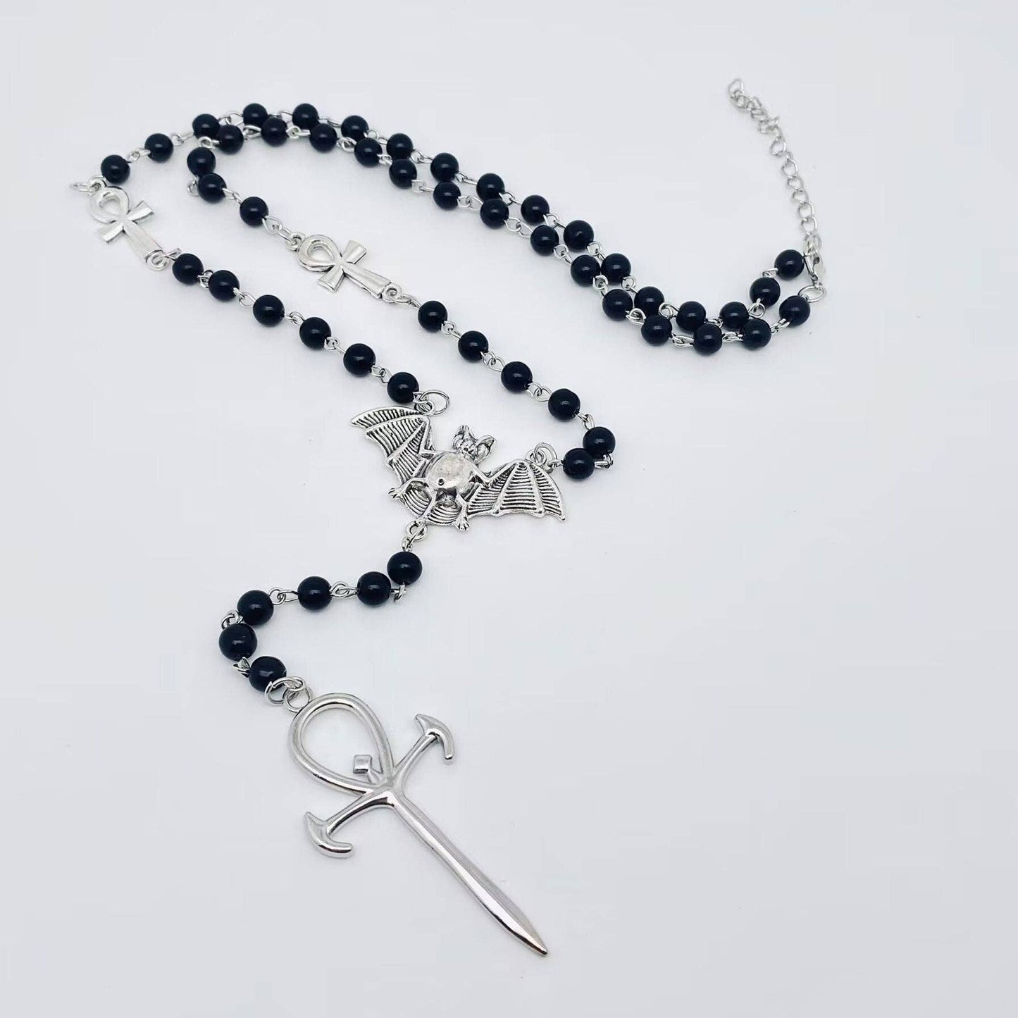 Gothic Metal Bat and Cross Pendant Beaded Chain Necklace