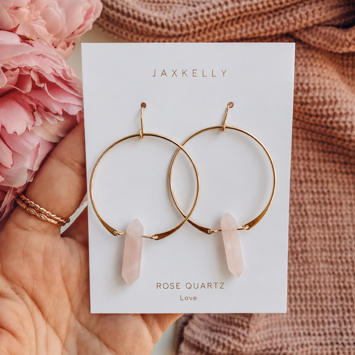 Earrings - JaxKelly Hoops - Rose Quartz - Gold Earrings