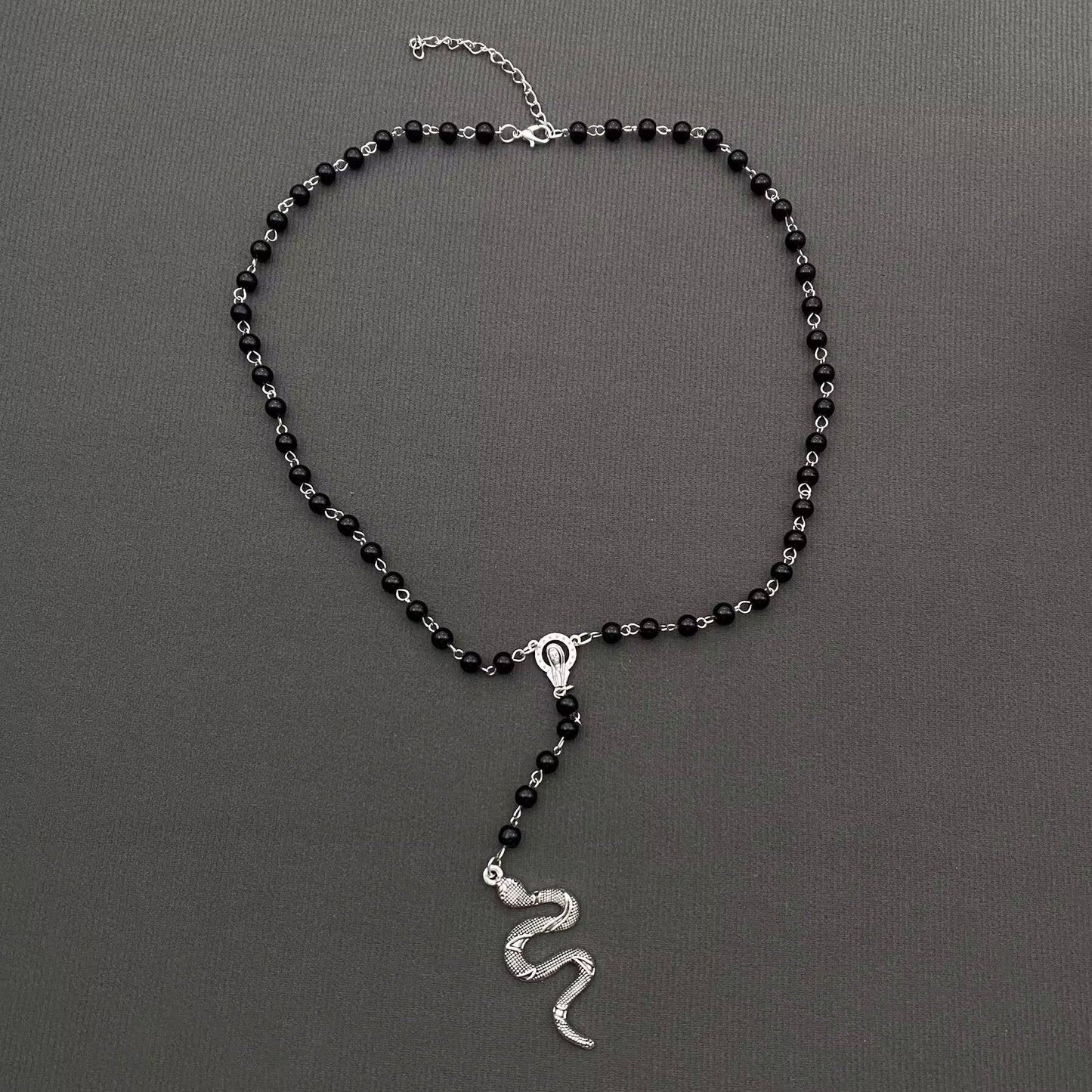 Snake Pendant Black Glass Beaded Y-shaped Necklace