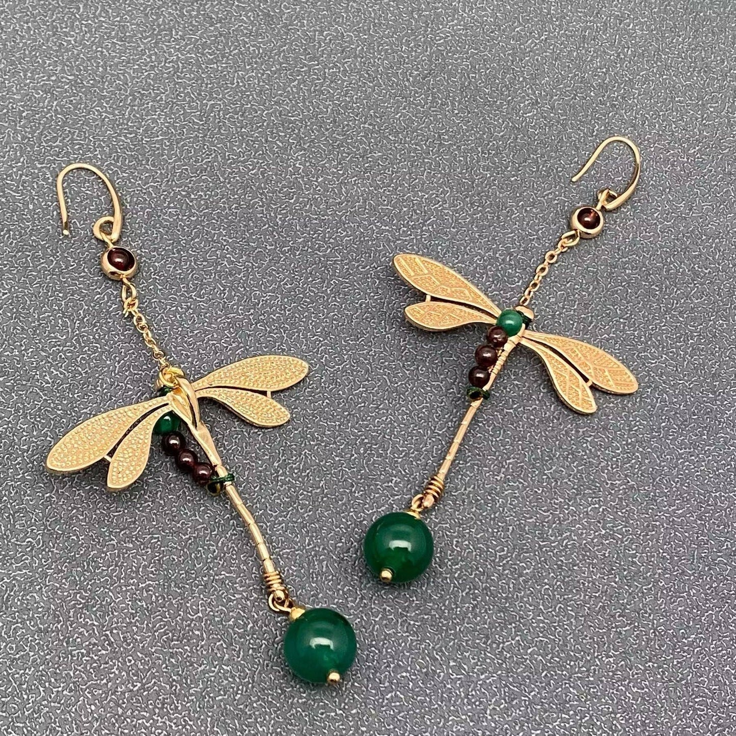 Earrings - Vintage Agate Woven Dragonfly - Gold Plated