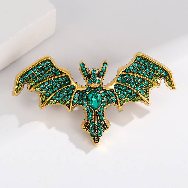 Vintage Rhinestone Devil Bat Brooch: Green