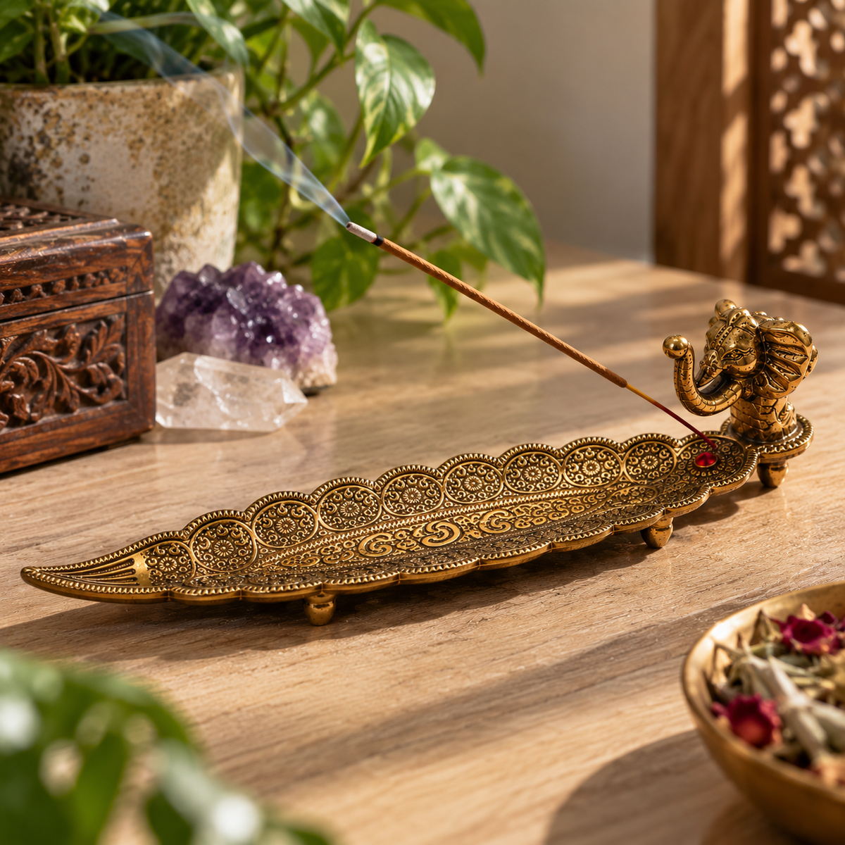 Elephant Incense Stick Holder & Ash Catcher – Ornate Gold-To