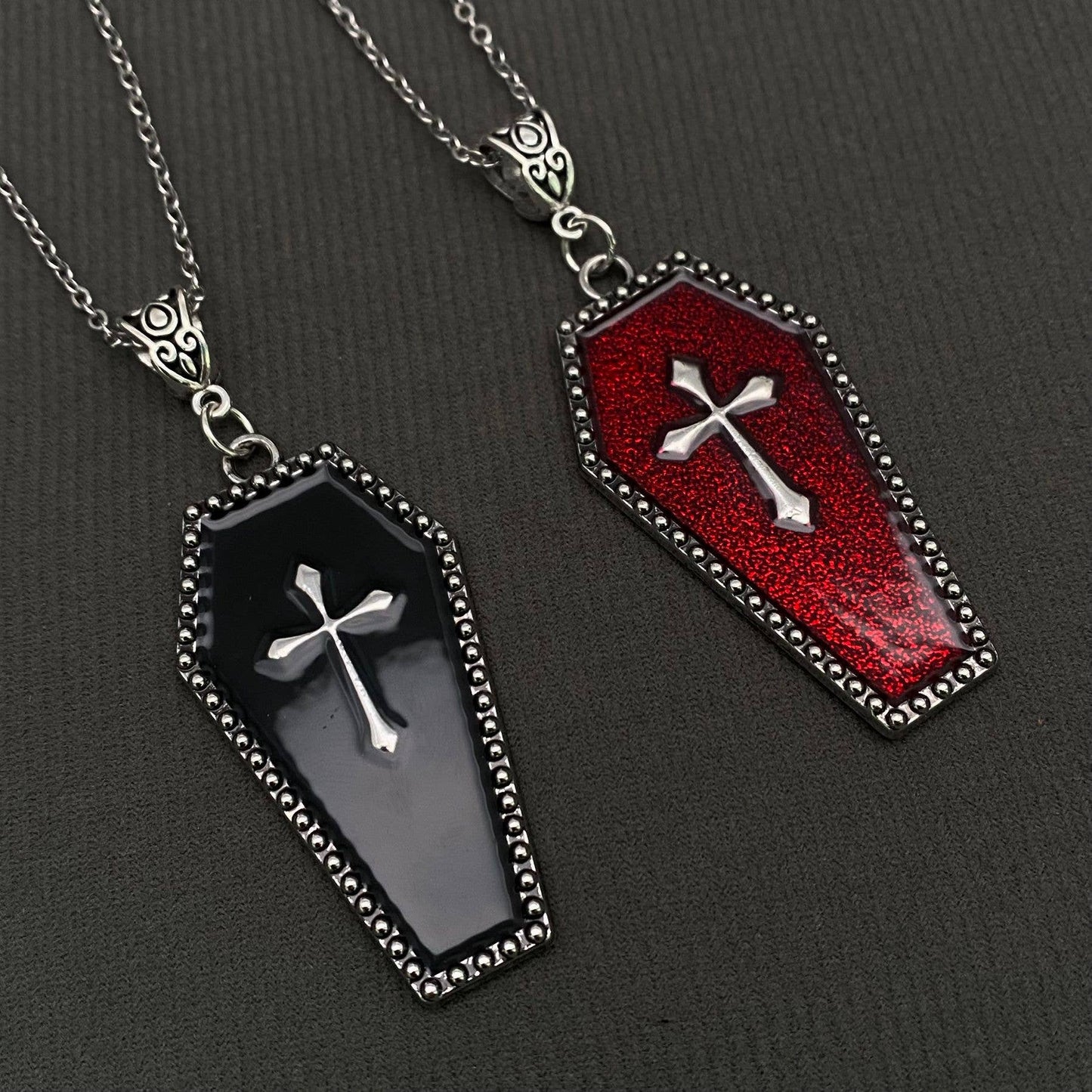 Gothic Enamel Cross Coffin Charm Necklace - GT: Black