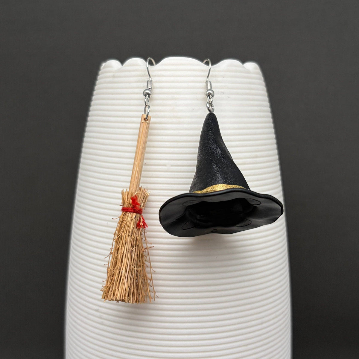 Halloween Asymmetric Witch Hat & Broom Dangle Earrings