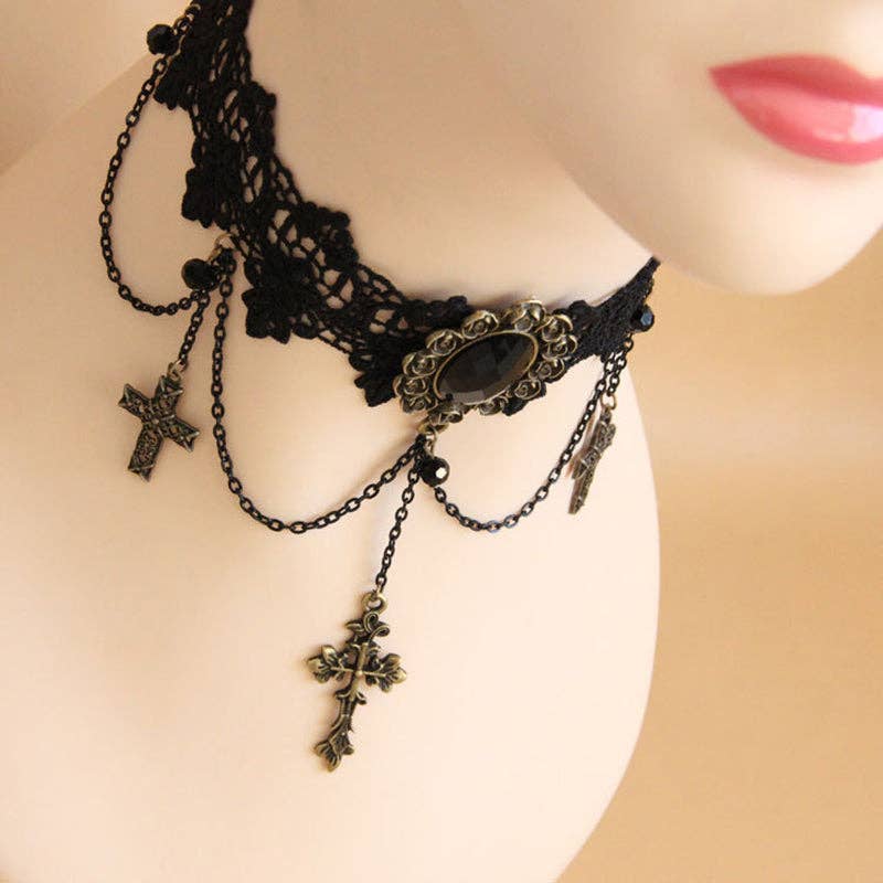 Delicate Chain Cross Gothic Laced Choker: Black