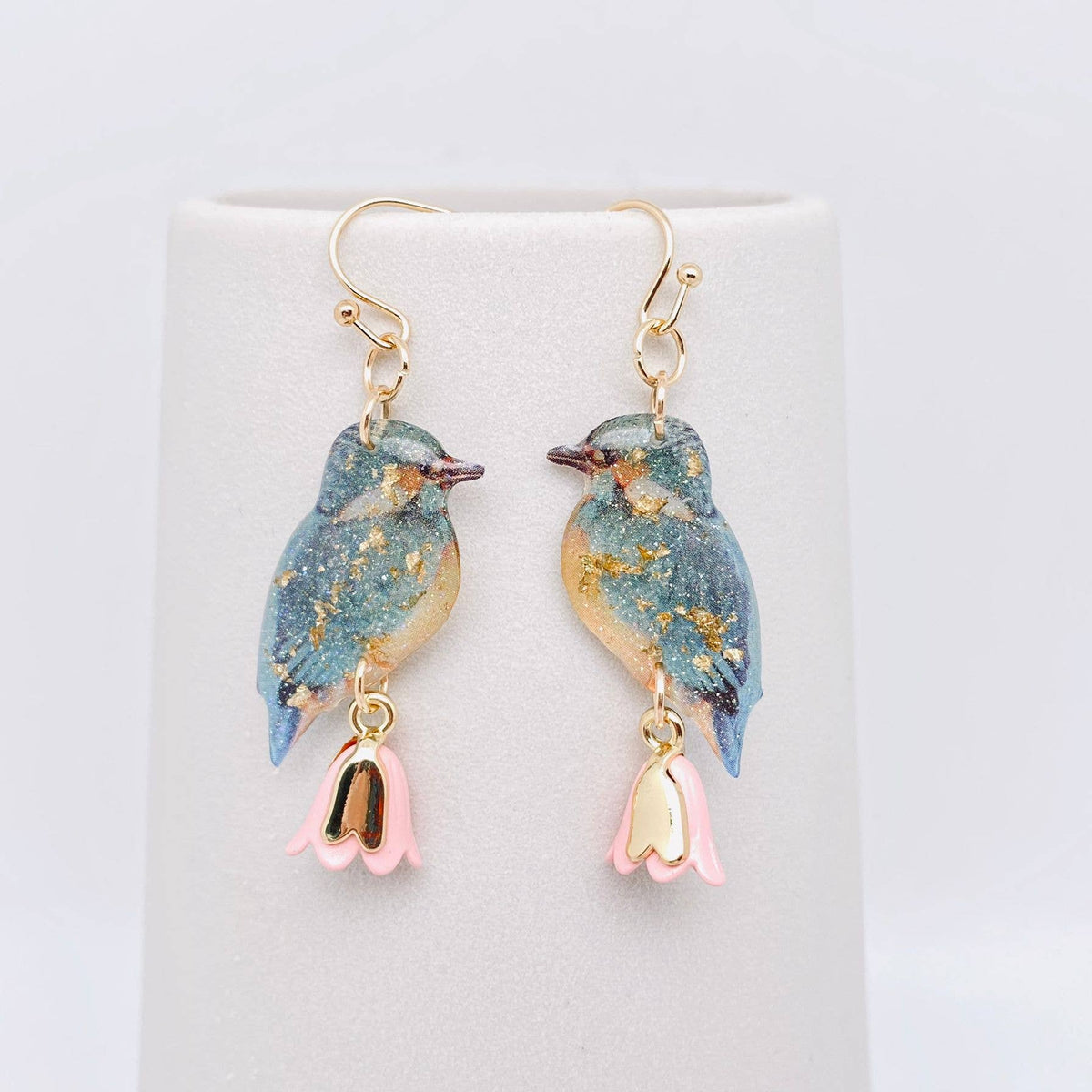 Resin Bird Charm Dangle Earrings: White