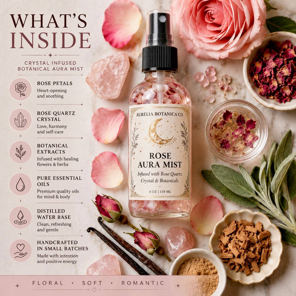 Rose & Sage Moon Water | Crystal Infused Aura Mist for Cleansing, Protection & Heart Healing | Full Moon Ritual Spray | Energy Clearing Botanical Mist: 2 fl oz