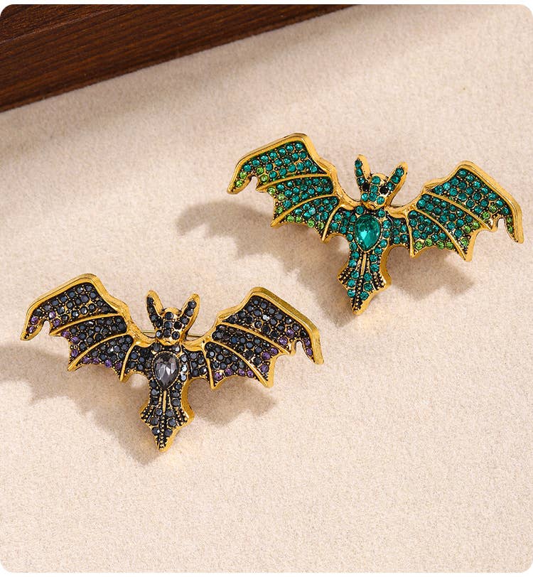 Vintage Rhinestone Devil Bat Brooch: Green