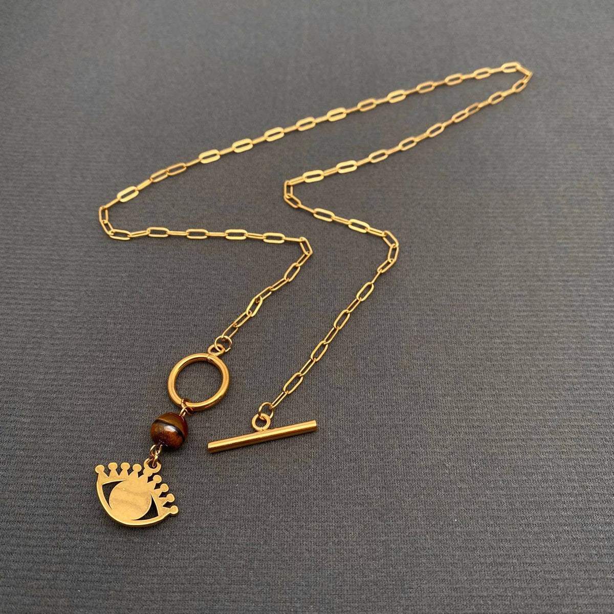 Stone Inlaid Eye Charm 18K Gold Plated S.Steel Necklace -FGS