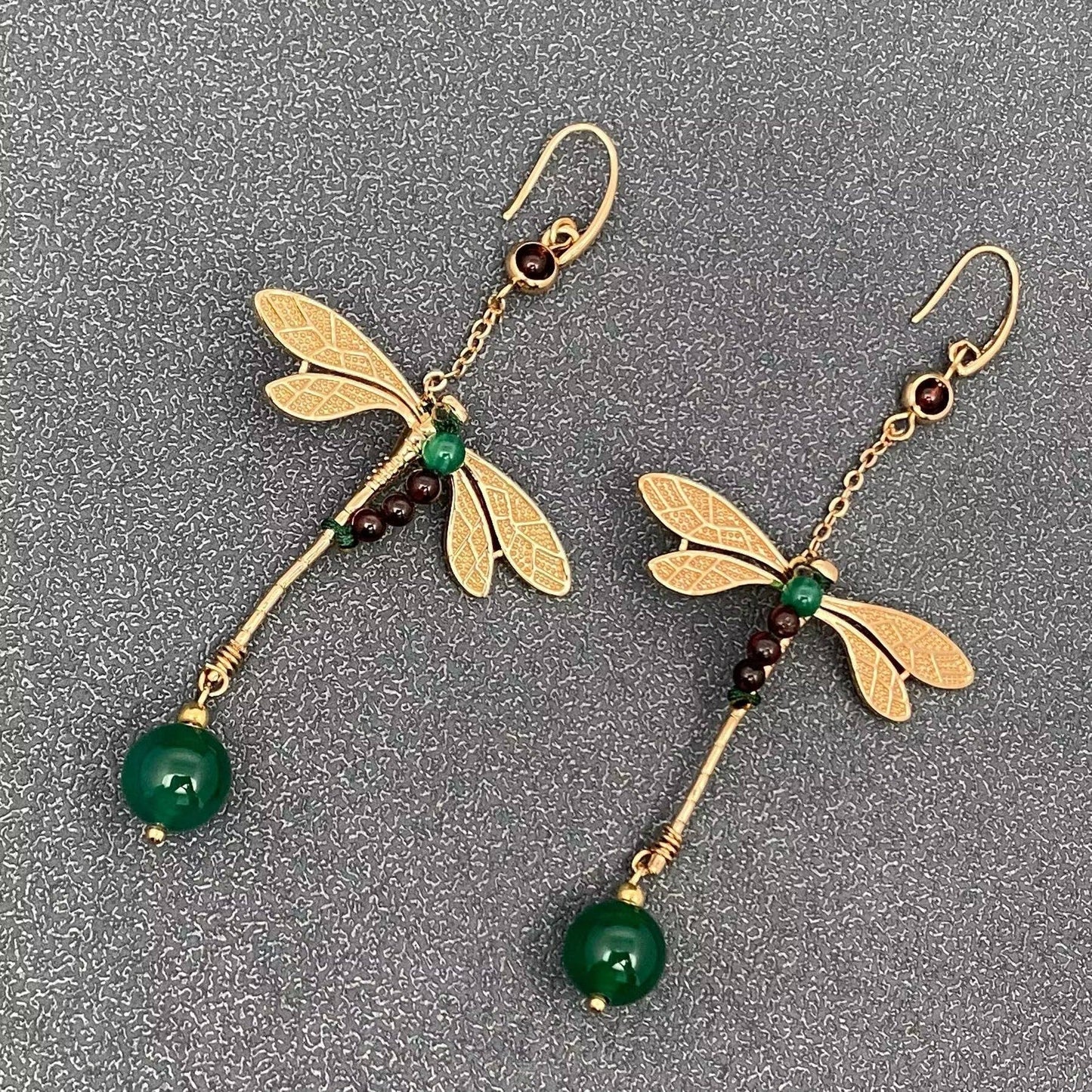 Earrings - Vintage Agate Woven Dragonfly - Gold Plated