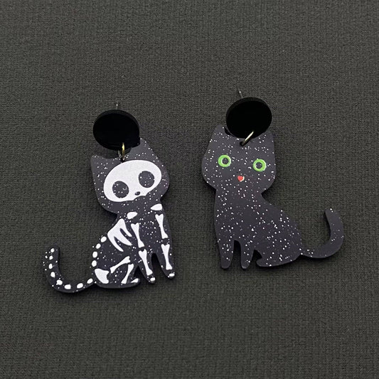 Earrings - Acrylic Skull Black Cat Asymmetric