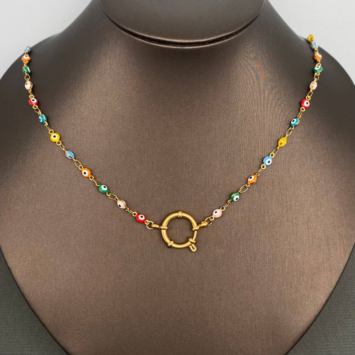 18K Gold Plated SS Colored Enamel Eyes Linked Chain - FGS