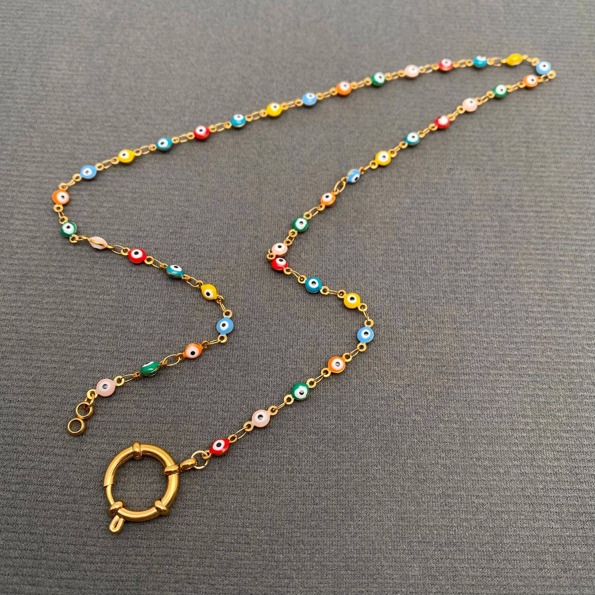 18K Gold Plated SS Colored Enamel Eyes Linked Chain - FGS