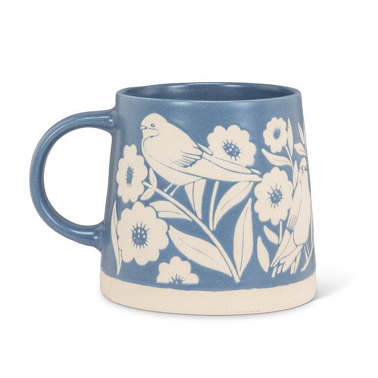 Wide Base Mug with Leaves & Birds-Blue-3.5"H(14oz)