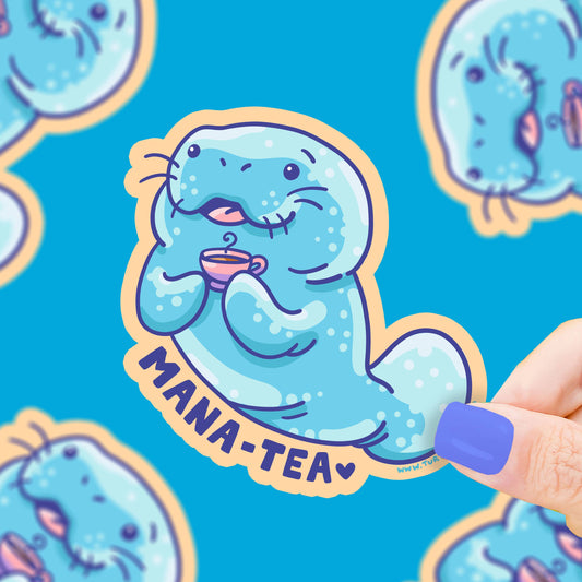 Stickers - TS - Manatee Tea Cute Ocean Animal Pun Art Vinyl Sticker