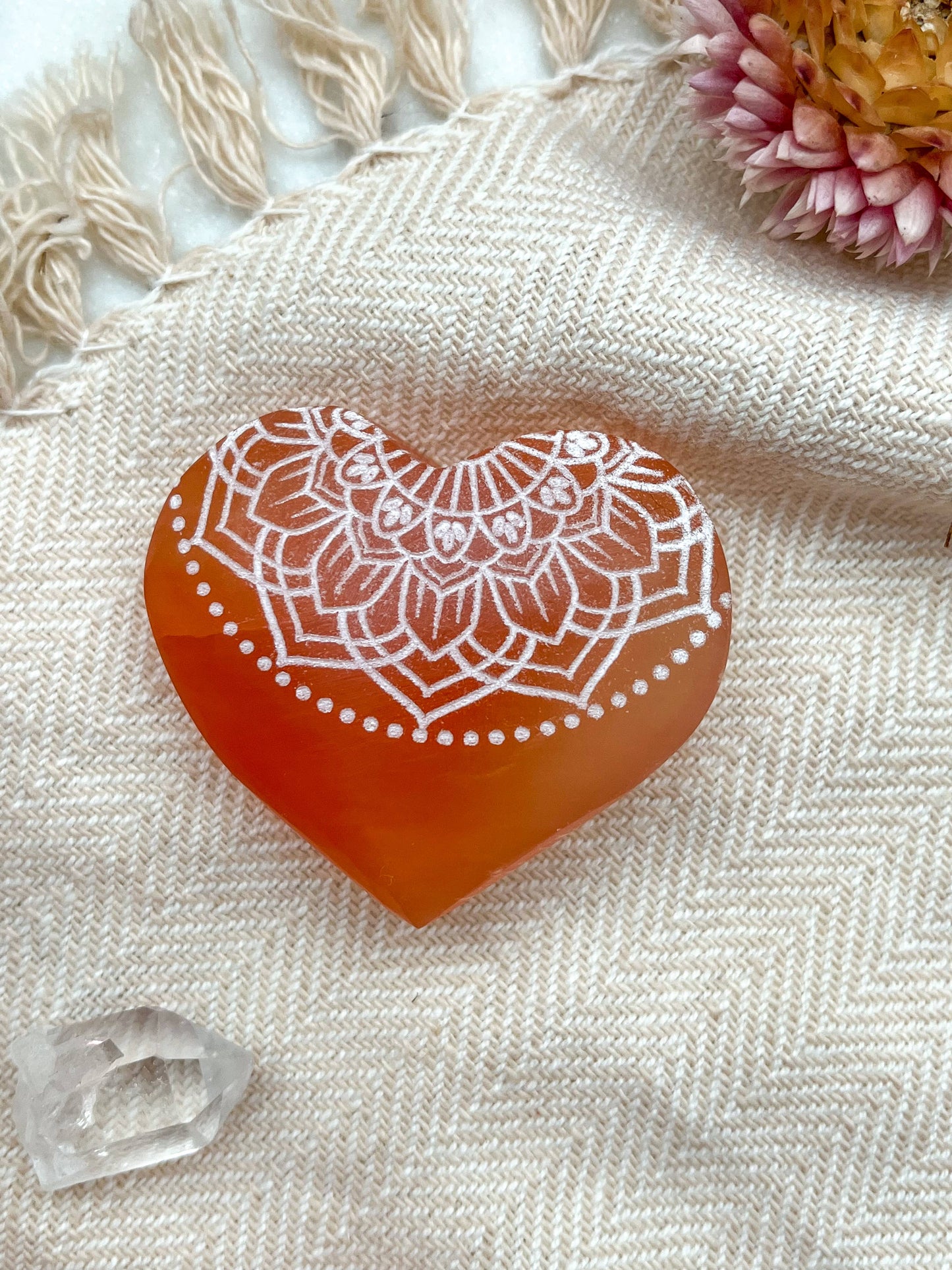 Peach Selenite - Engraved Heart Small (~2") / Om Mandala