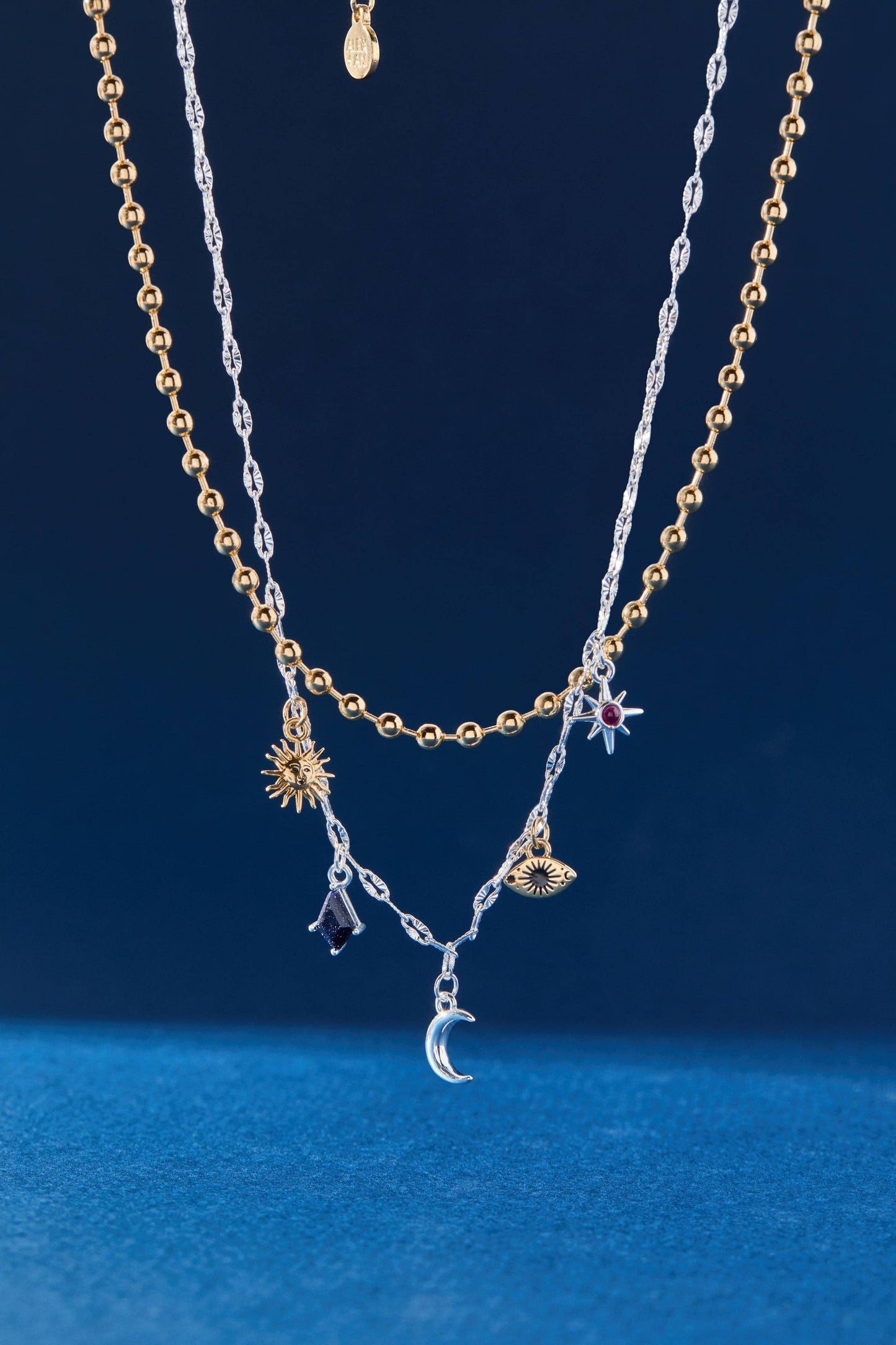 Moon Magic 2 Row Charm Necklace: Two Tone