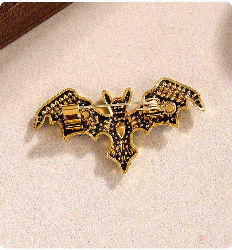 Vintage Rhinestone Devil Bat Brooch: Blue